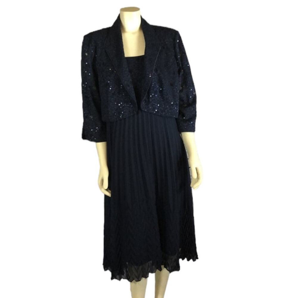 2000s R&M Richards Navy Pleated Dress Bolero Set 18W - Picture 4 of 13